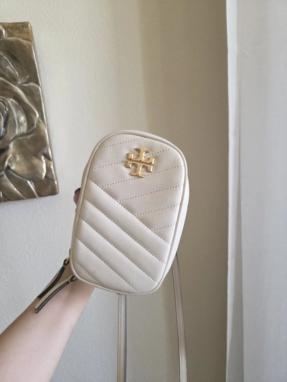Tory Burch Kira Cream Chevron Quilted Mini Crossbody with Gold Chain